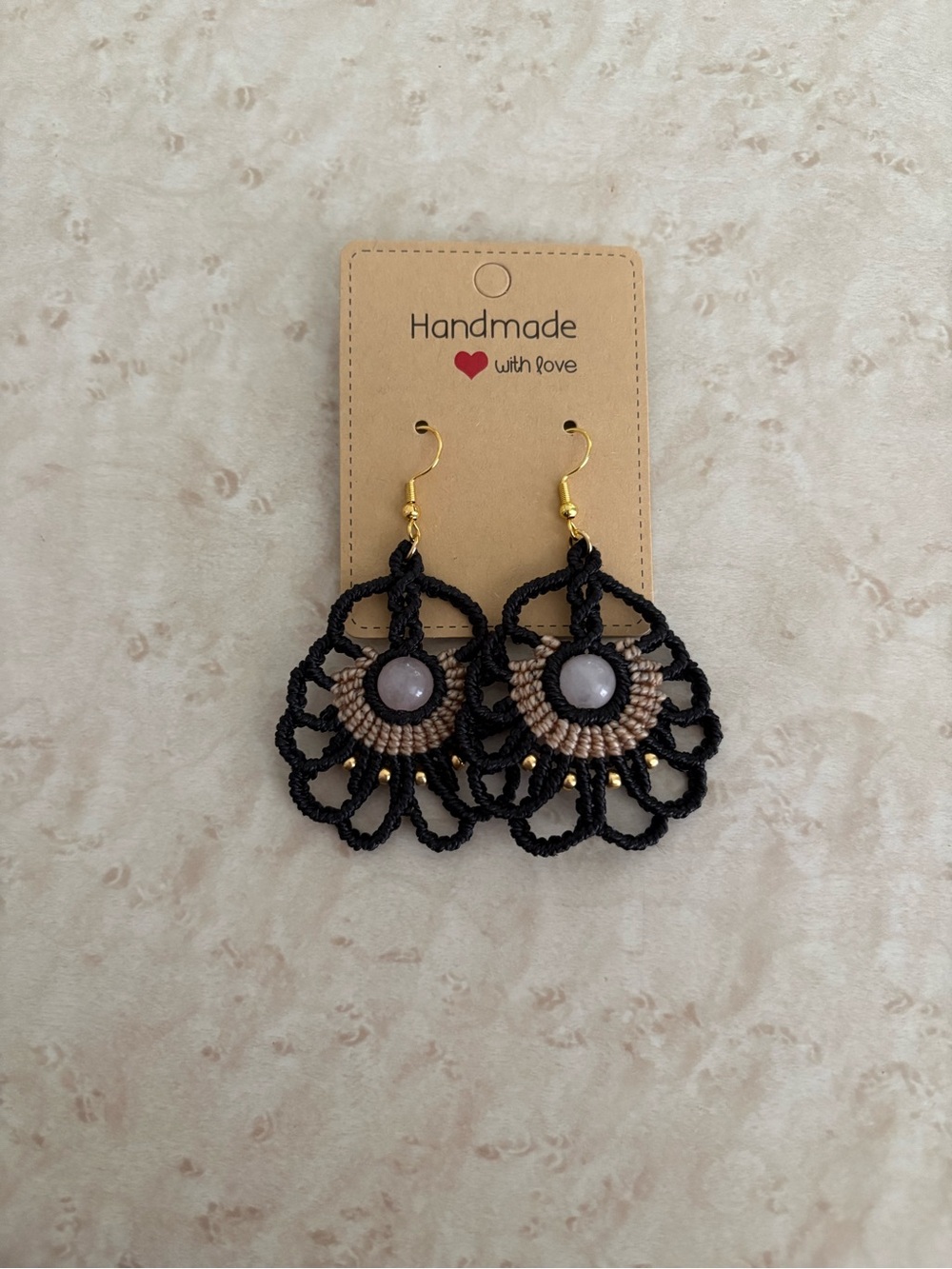 Handmade Black and Beige Lace Drop Earrings with Pink Stone